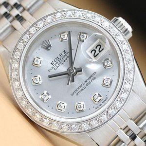 Rolex Ladies Genuine Diamond 18k Silver Tone Watch!